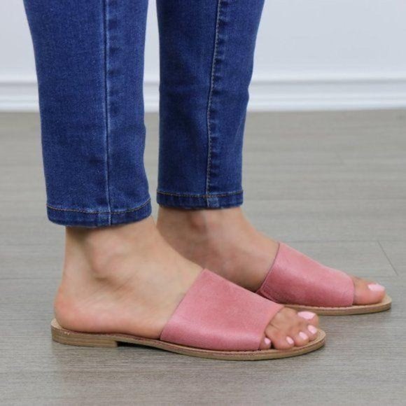 Shoes - Suede Slip On Slider Pink Flat Sandals